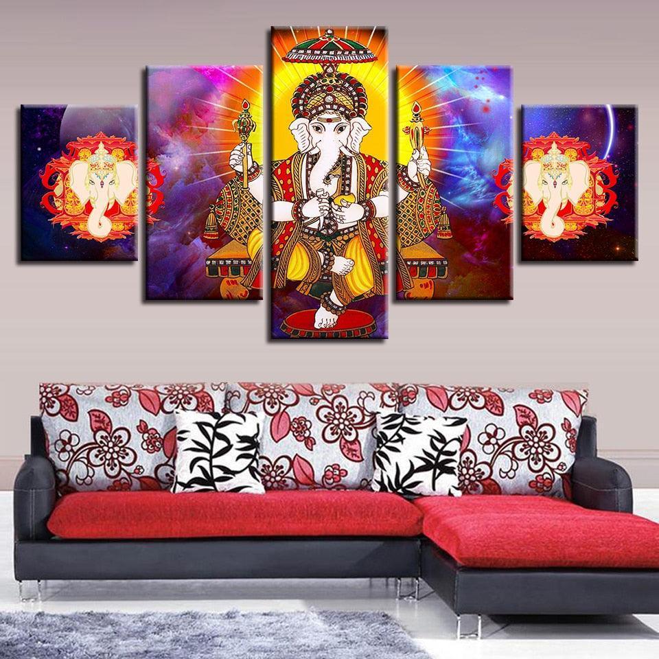 Lord Ganesha 5 Piece HD Multi Panel UV Canvas Wall Art Frame-Original Frame