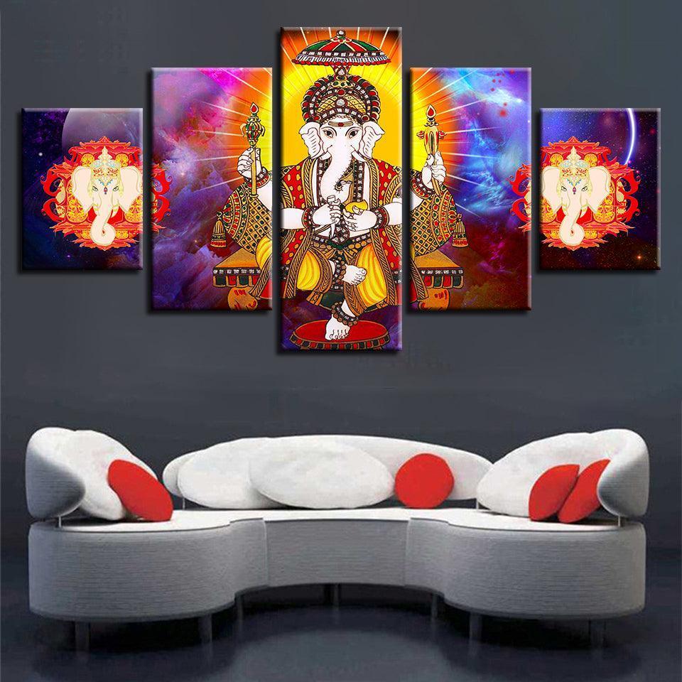 Lord Ganesha 5 Piece HD Multi Panel UV Canvas Wall Art Frame-Original Frame