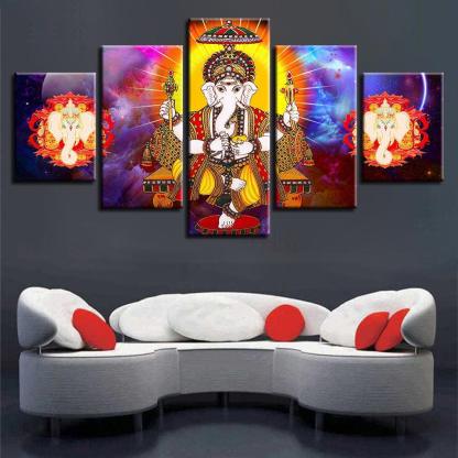 Lord Ganesha 5 Piece HD Multi Panel UV Canvas Wall Art Frame-Original Frame
