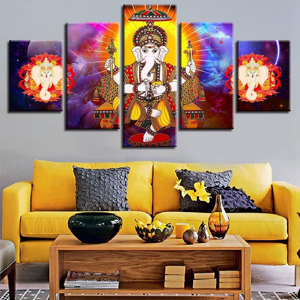 Lord Ganesha 5 Piece HD Multi Panel UV Canvas Wall Art Frame-Original Frame