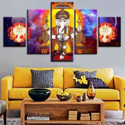 Lord Ganesha 5 Piece HD Multi Panel UV Canvas Wall Art Frame-Original Frame