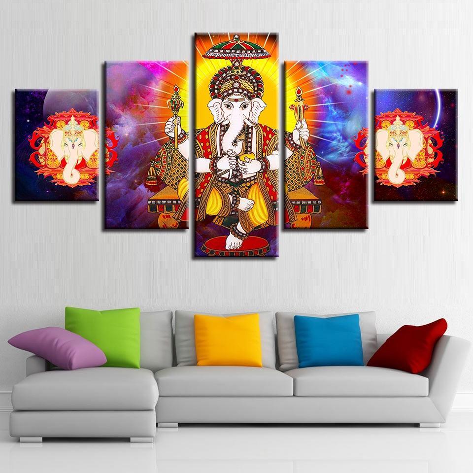 Lord Ganesha 5 Piece HD Multi Panel UV Canvas Wall Art Frame-Original Frame