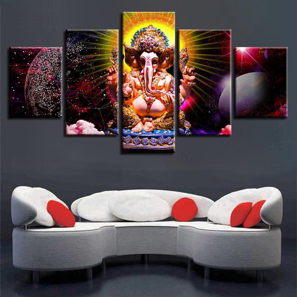 Lord Ganesha Theme 5 Piece HD Multi Panel Canvas Wall Art Frame-Original Frame