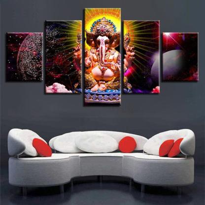 Lord Ganesha Theme 5 Piece HD Multi Panel Canvas Wall Art Frame-Original Frame