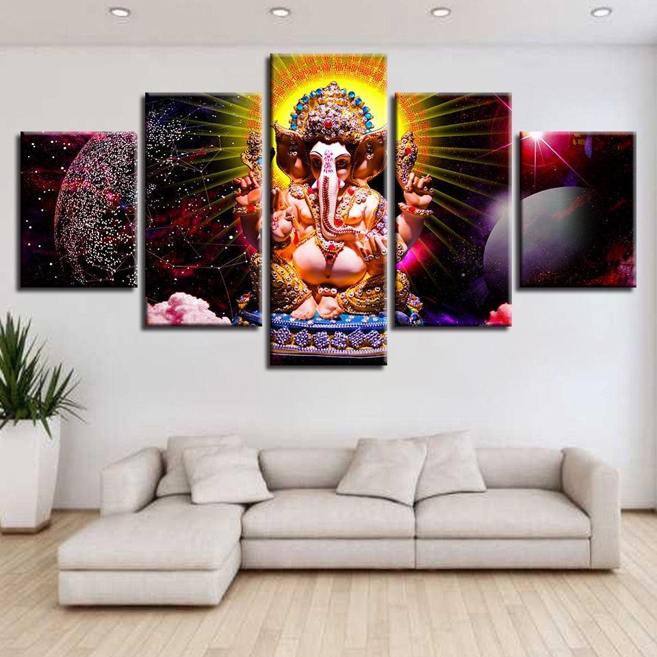 Lord Ganesha Theme 5 Piece HD Multi Panel Canvas Wall Art Frame-Original Frame