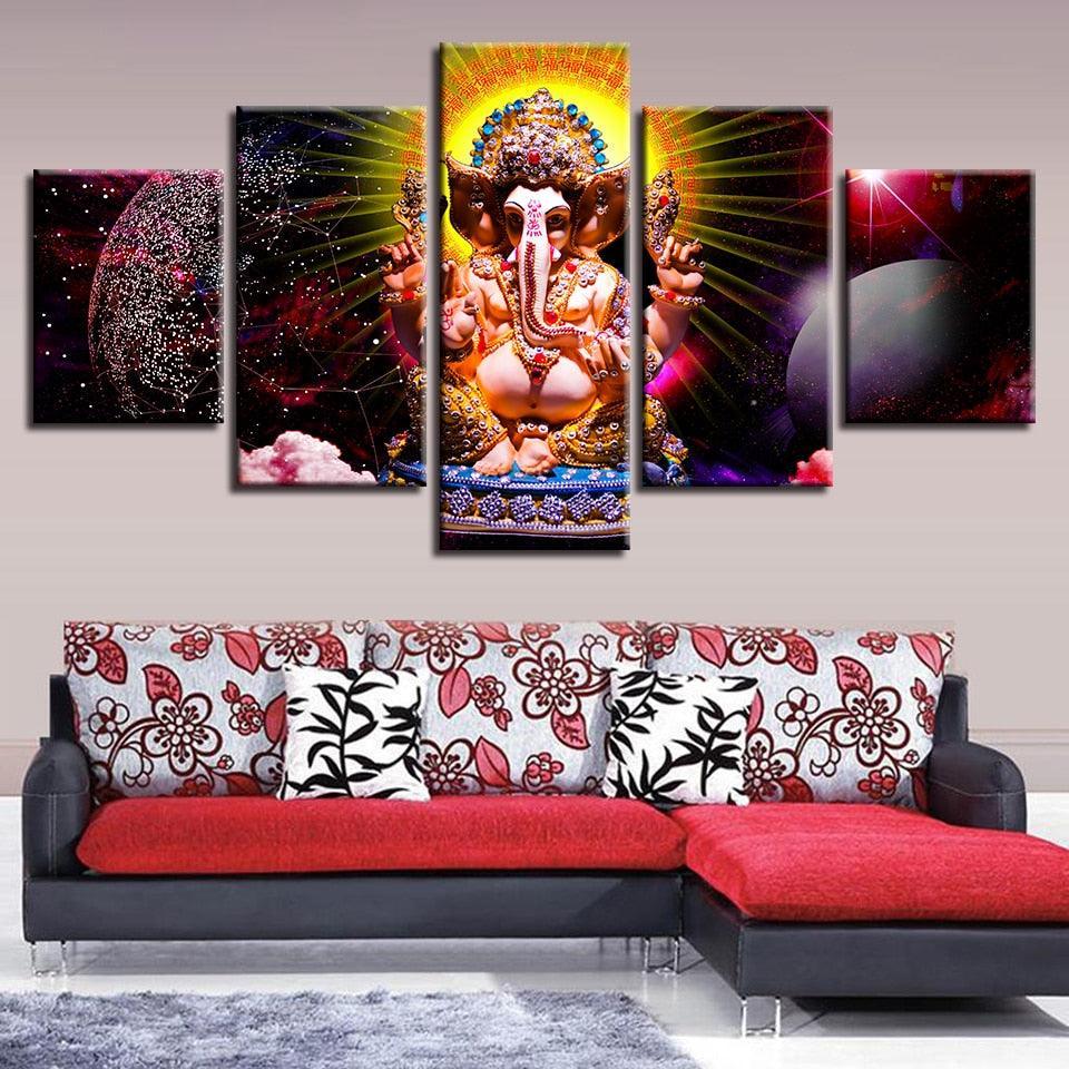 Lord Ganesha Theme 5 Piece HD Multi Panel Canvas Wall Art Frame-Original Frame