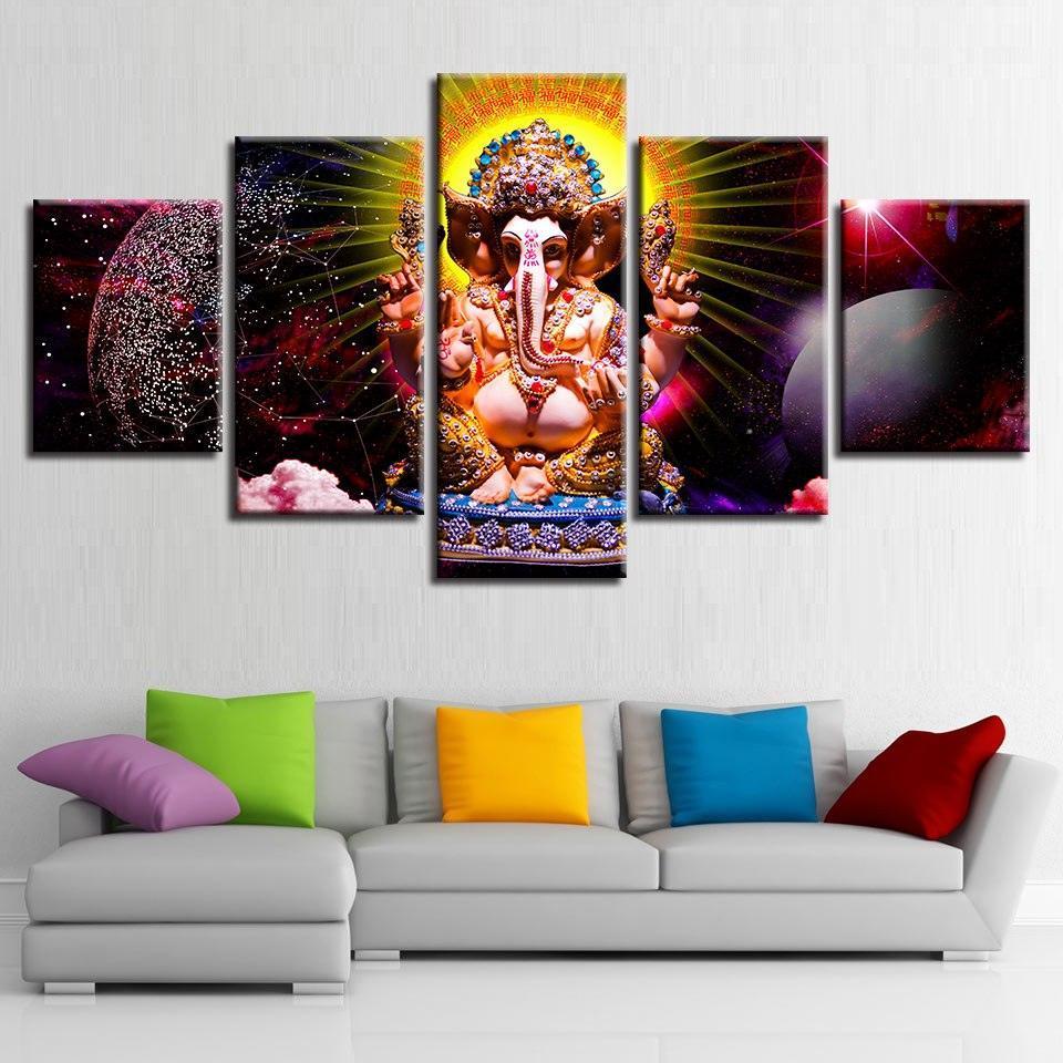 Lord Ganesha Theme 5 Piece HD Multi Panel Canvas Wall Art Frame-Original Frame