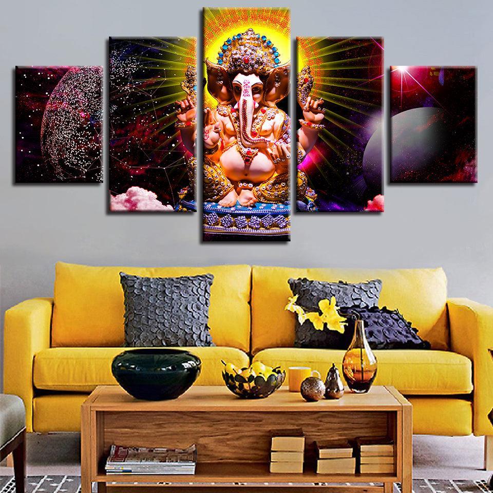 Lord Ganesha Theme 5 Piece HD Multi Panel Canvas Wall Art Frame-Original Frame