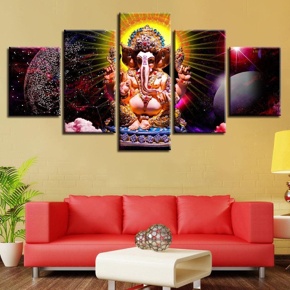 Lord Ganesha Theme 5 Piece HD Multi Panel Canvas Wall Art Frame-Original Frame