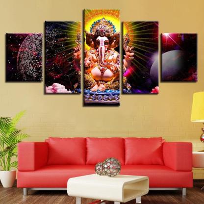 Lord Ganesha Theme 5 Piece HD Multi Panel Canvas Wall Art Frame-Original Frame