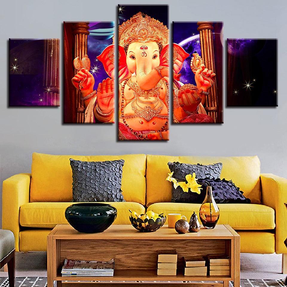 Lord Ganesha With Star 5 Piece HD Multi Panel Canvas Wall Frame-Original Frame