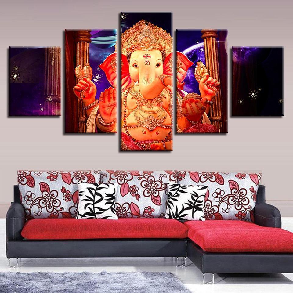 Lord Ganesha With Star 5 Piece HD Multi Panel Canvas Wall Frame-Original Frame