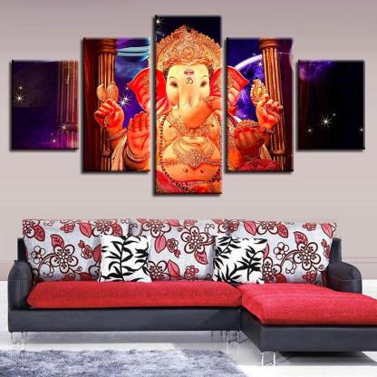 Lord Ganesha With Star 5 Piece HD Multi Panel Canvas Wall Frame-Original Frame
