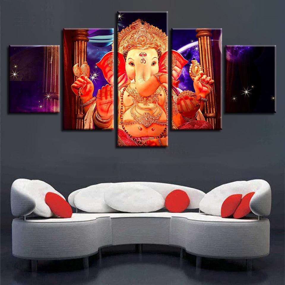 Lord Ganesha With Star 5 Piece HD Multi Panel Canvas Wall Frame-Original Frame