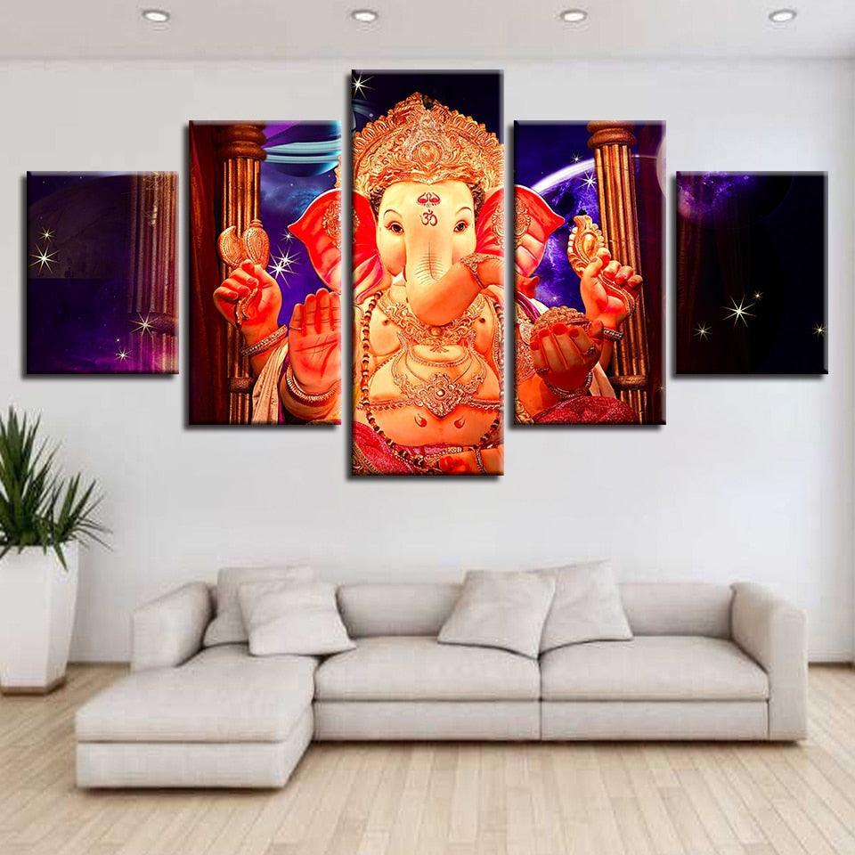 Lord Ganesha With Star 5 Piece HD Multi Panel Canvas Wall Frame-Original Frame