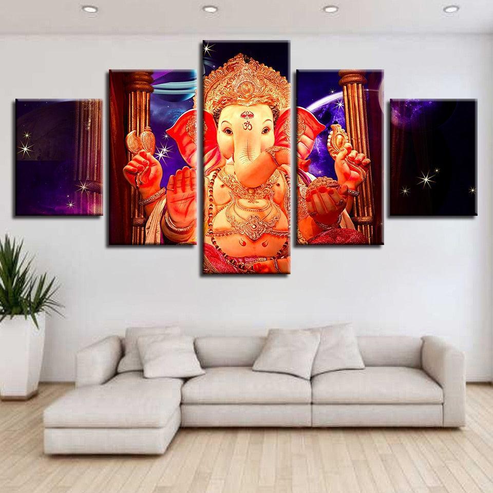 Lord Ganesha With Star 5 Piece HD Multi Panel Canvas Wall Frame-Original Frame