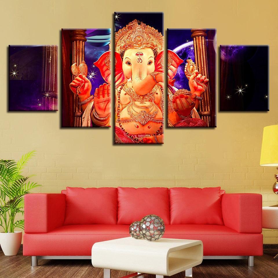 Lord Ganesha With Star 5 Piece HD Multi Panel Canvas Wall Frame-Original Frame