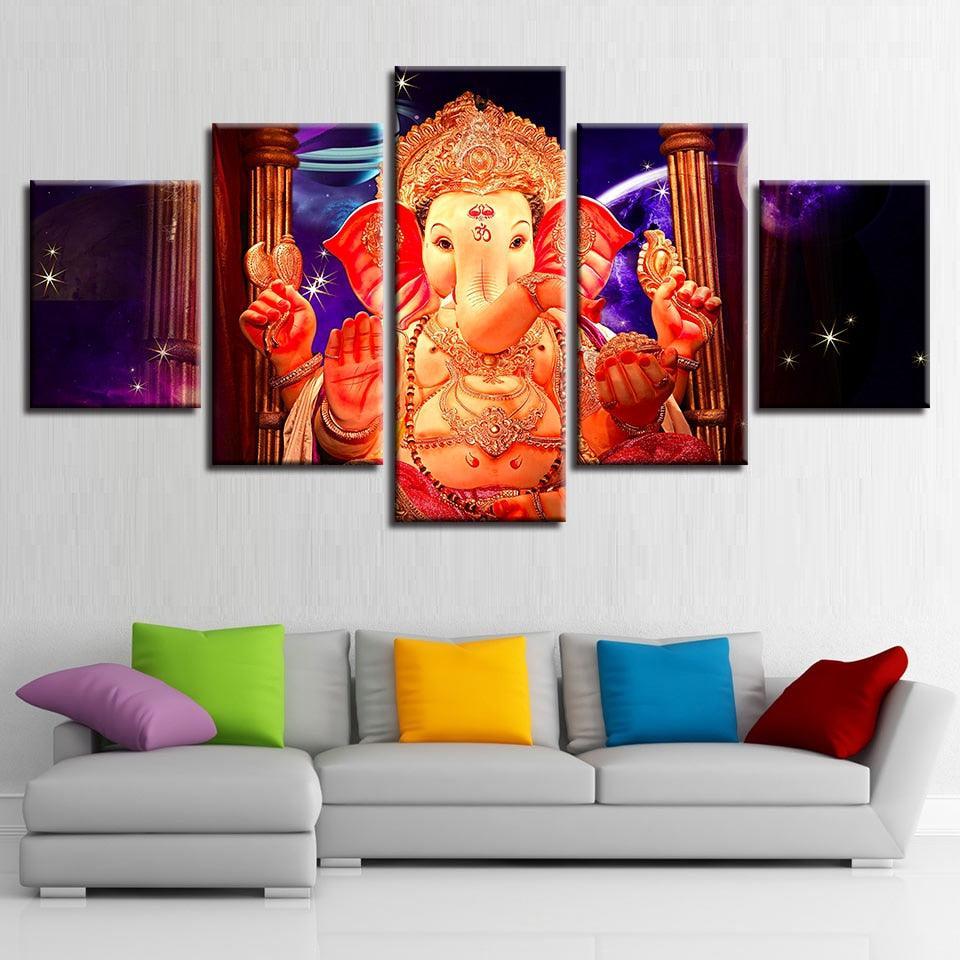 Lord Ganesha With Star 5 Piece HD Multi Panel Canvas Wall Frame-Original Frame