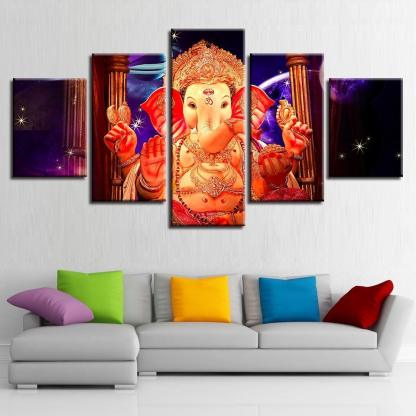 Lord Ganesha With Star 5 Piece HD Multi Panel Canvas Wall Frame-Original Frame