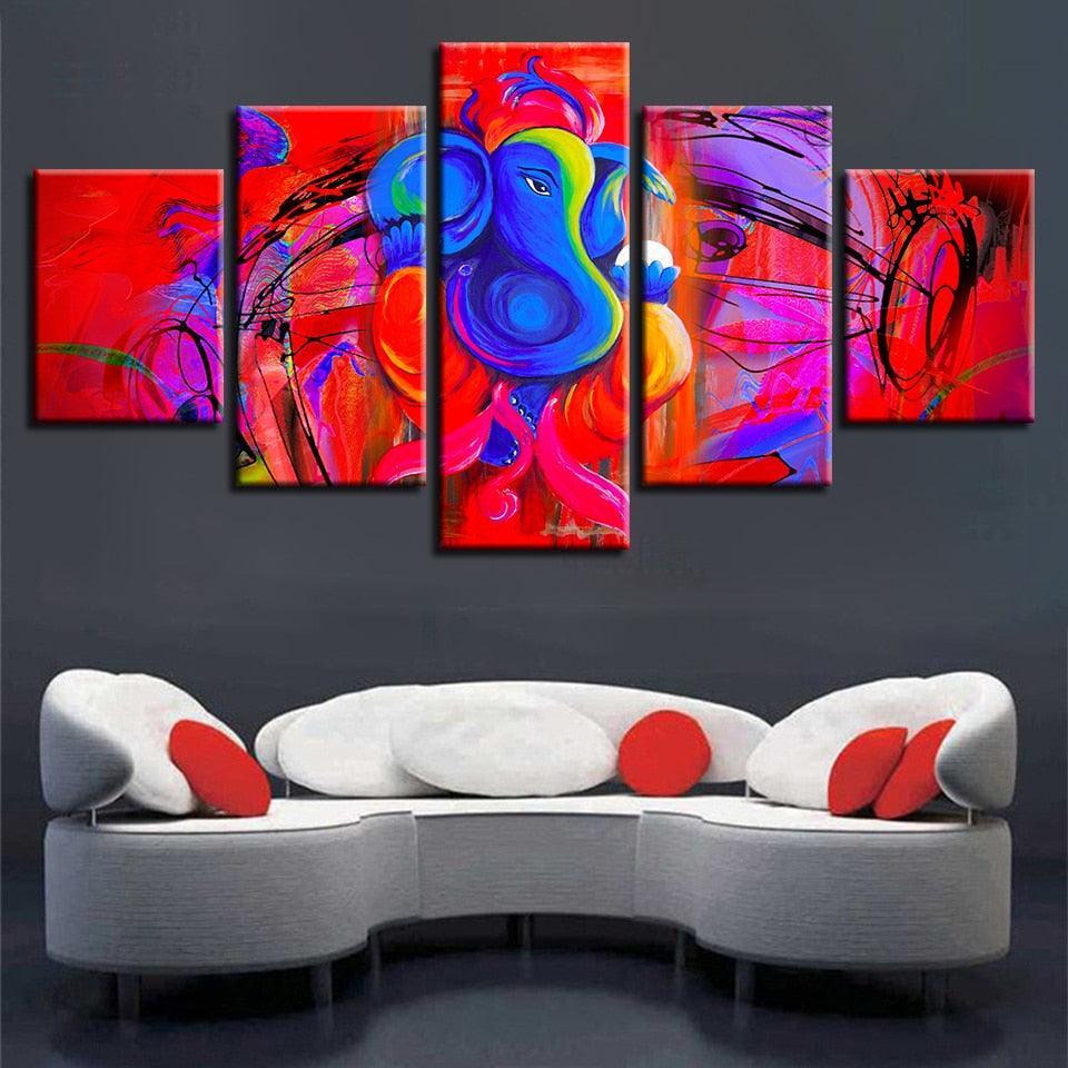 Ganesha Red And Blue 5 Piece HD Multi Panel Canvas Wall Art Frame-Original Frame