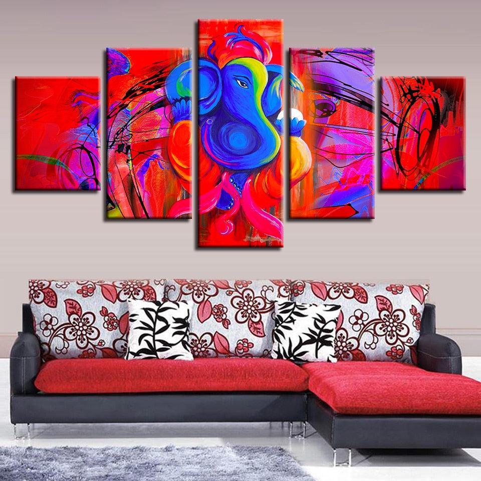 Ganesha Red And Blue 5 Piece HD Multi Panel Canvas Wall Art Frame-Original Frame