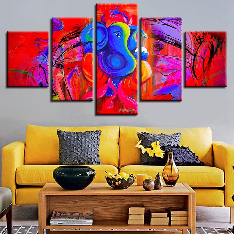 Ganesha Red And Blue 5 Piece HD Multi Panel Canvas Wall Art Frame-Original Frame