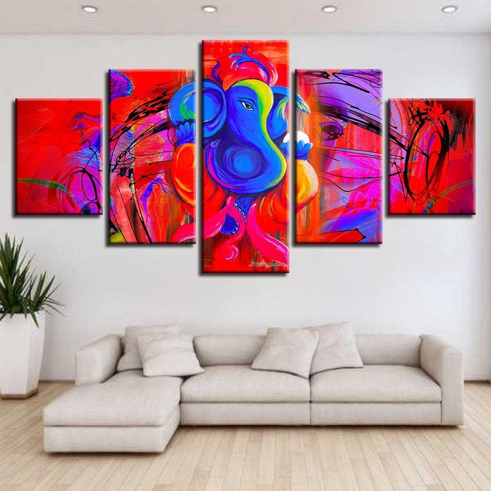 Ganesha Red And Blue 5 Piece HD Multi Panel Canvas Wall Art Frame-Original Frame