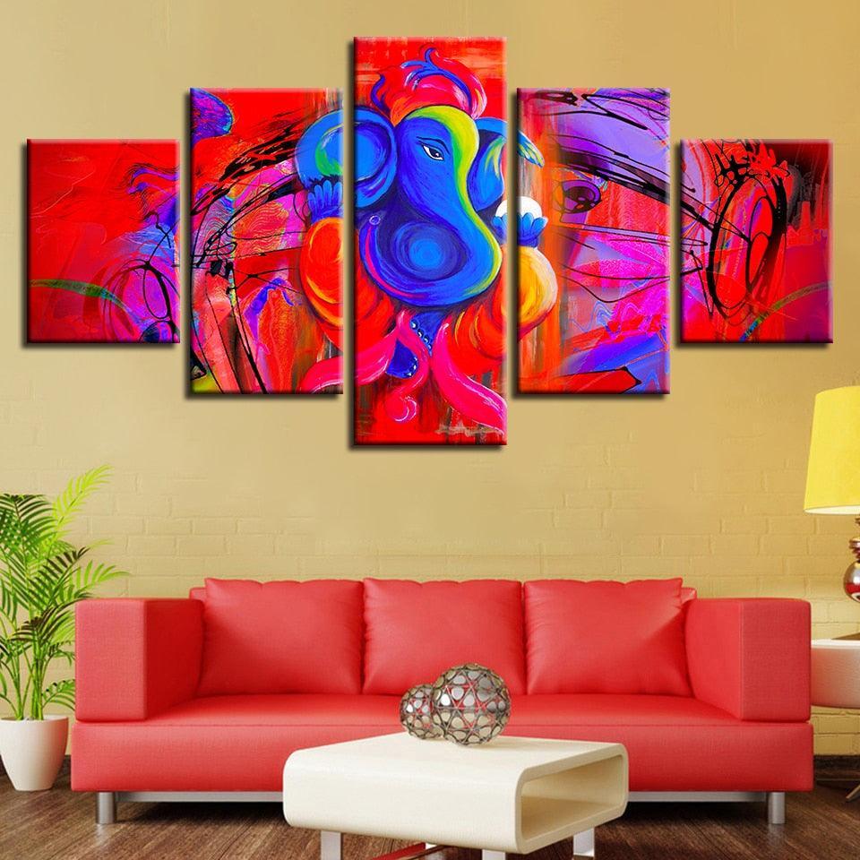 Ganesha Red And Blue 5 Piece HD Multi Panel Canvas Wall Art Frame-Original Frame