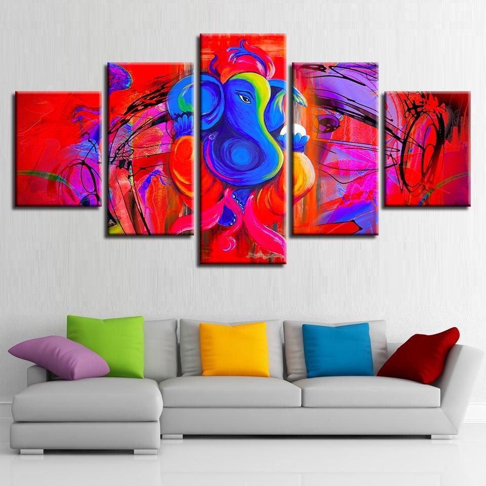 Ganesha Red And Blue 5 Piece HD Multi Panel Canvas Wall Art Frame-Original Frame