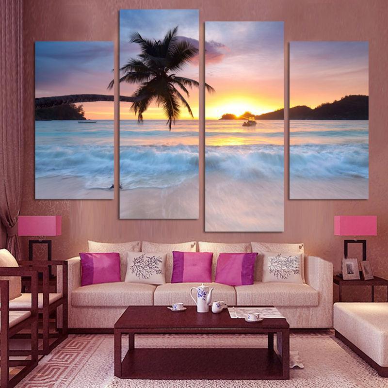 Tropical Sunset 4 Piece HD Multi Panel Canvas Wall Art Frame-Original Frame