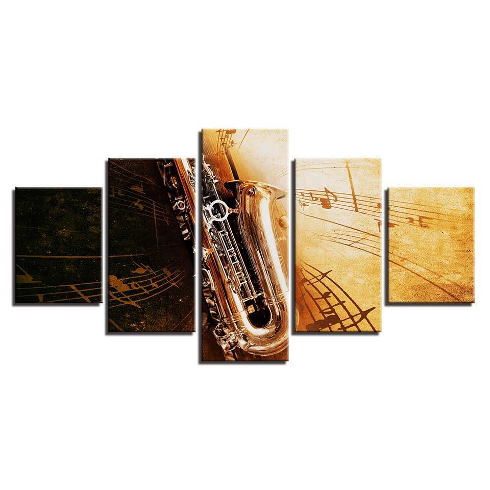 Saxophone Notes 5 Piece HD Multi Panel Canvas Wall Art Frame-Original Frame