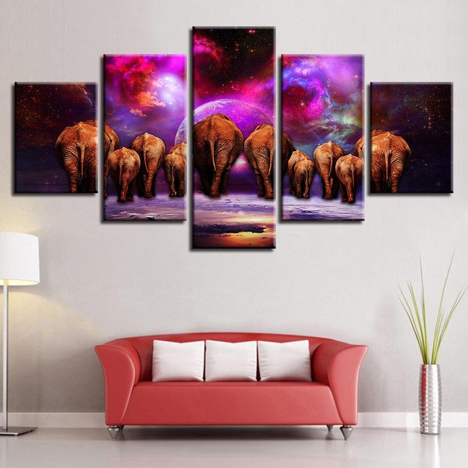 Elephant Group Nebula Scenery 5 Piece HD Multi Panel Canvas Wall Art Frame-Original Frame