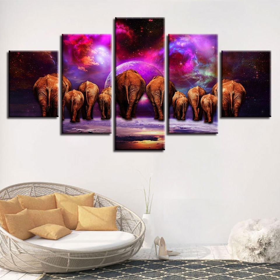 Elephant Group Nebula Scenery 5 Piece HD Multi Panel Canvas Wall Art Frame-Original Frame