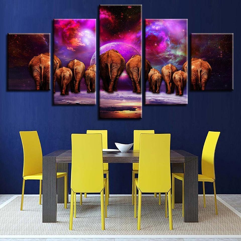 Elephant Group Nebula Scenery 5 Piece HD Multi Panel Canvas Wall Art Frame-Original Frame