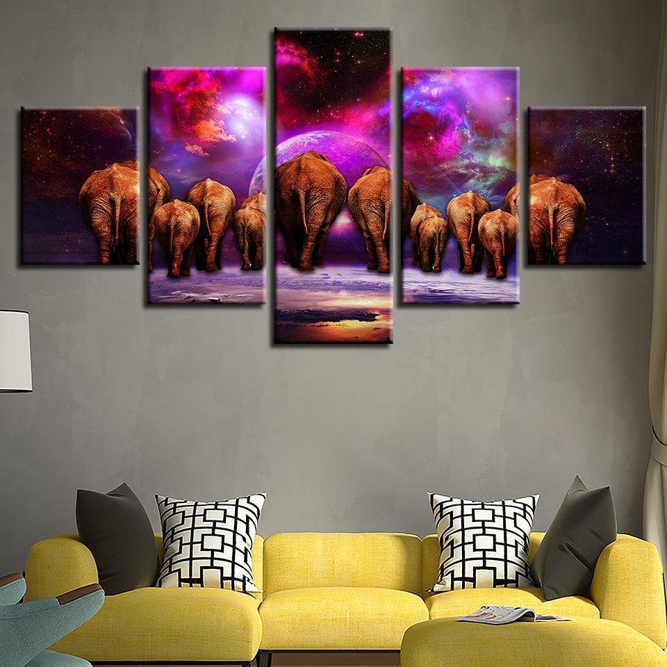Elephant Group Nebula Scenery 5 Piece HD Multi Panel Canvas Wall Art Frame-Original Frame