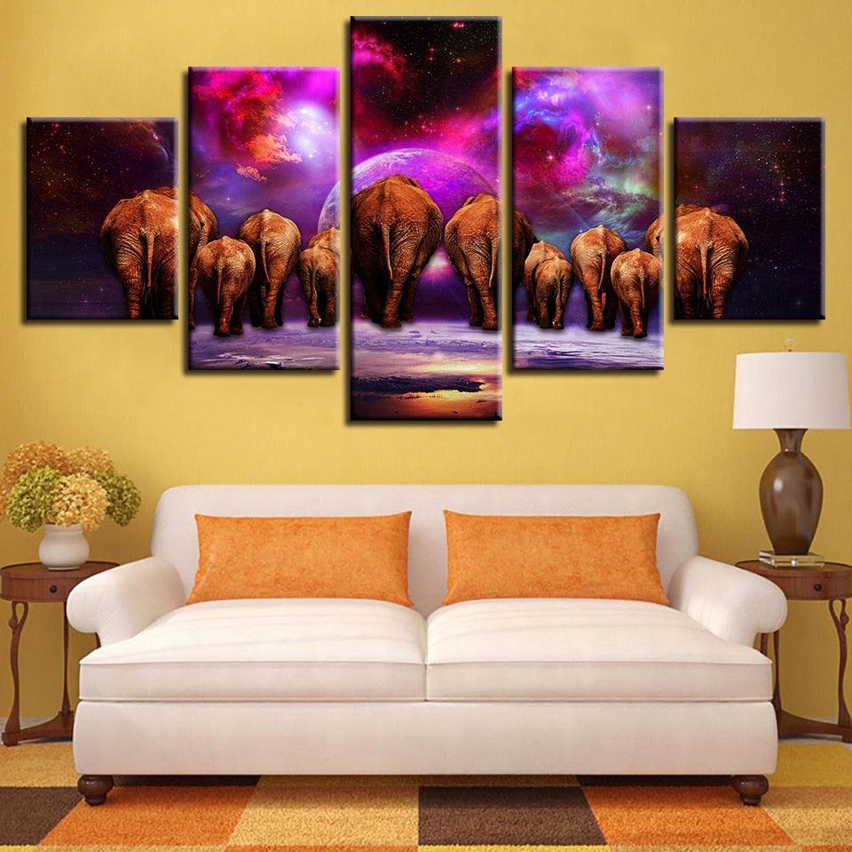 Elephant Group Nebula Scenery 5 Piece HD Multi Panel Canvas Wall Art Frame-Original Frame
