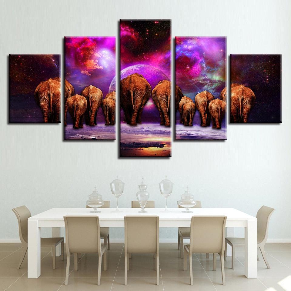 Elephant Group Nebula Scenery 5 Piece HD Multi Panel Canvas Wall Art Frame-Original Frame