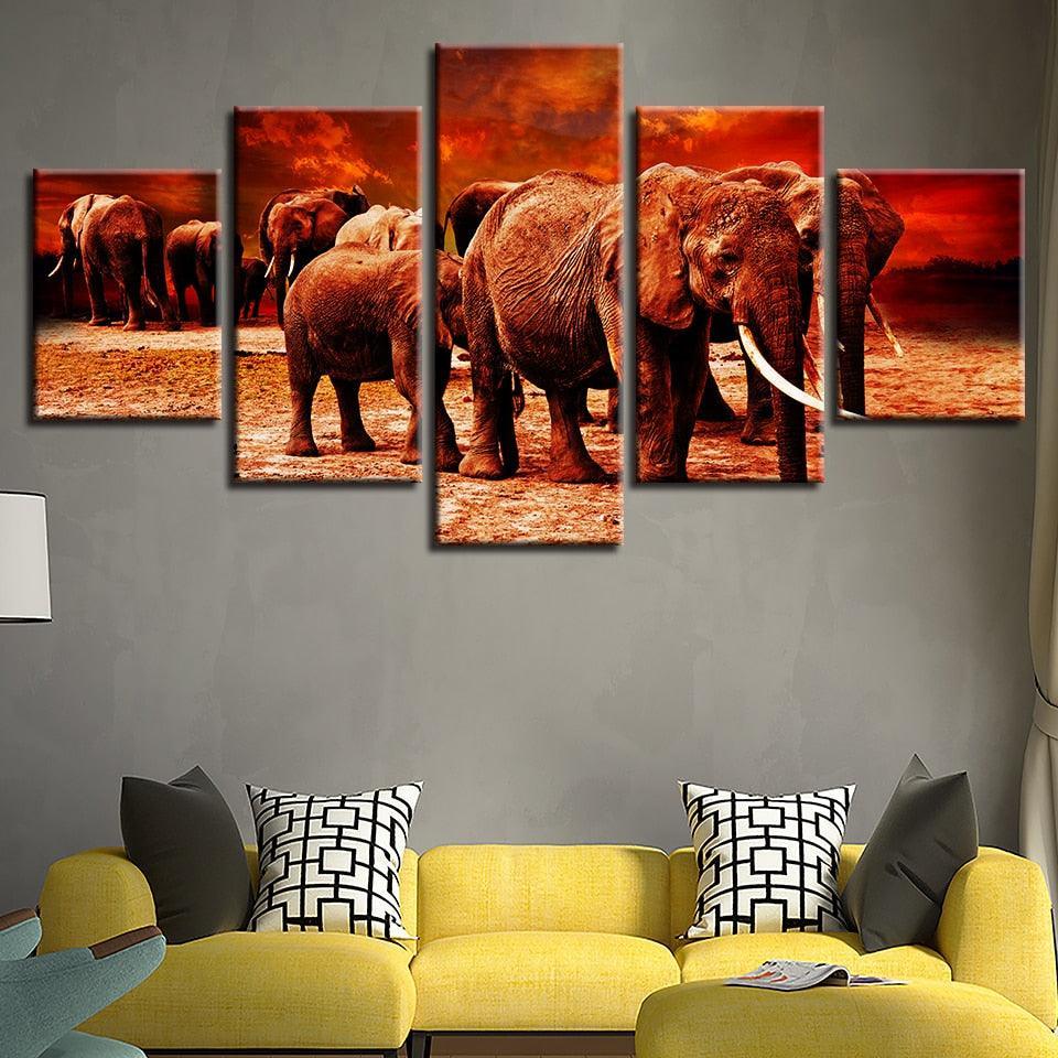 Elephant Group 5 Piece HD Multi Panel Canvas Wall Art Frame-Original Frame