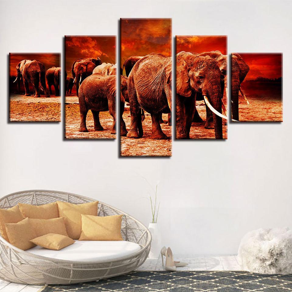 Elephant Group 5 Piece HD Multi Panel Canvas Wall Art Frame-Original Frame