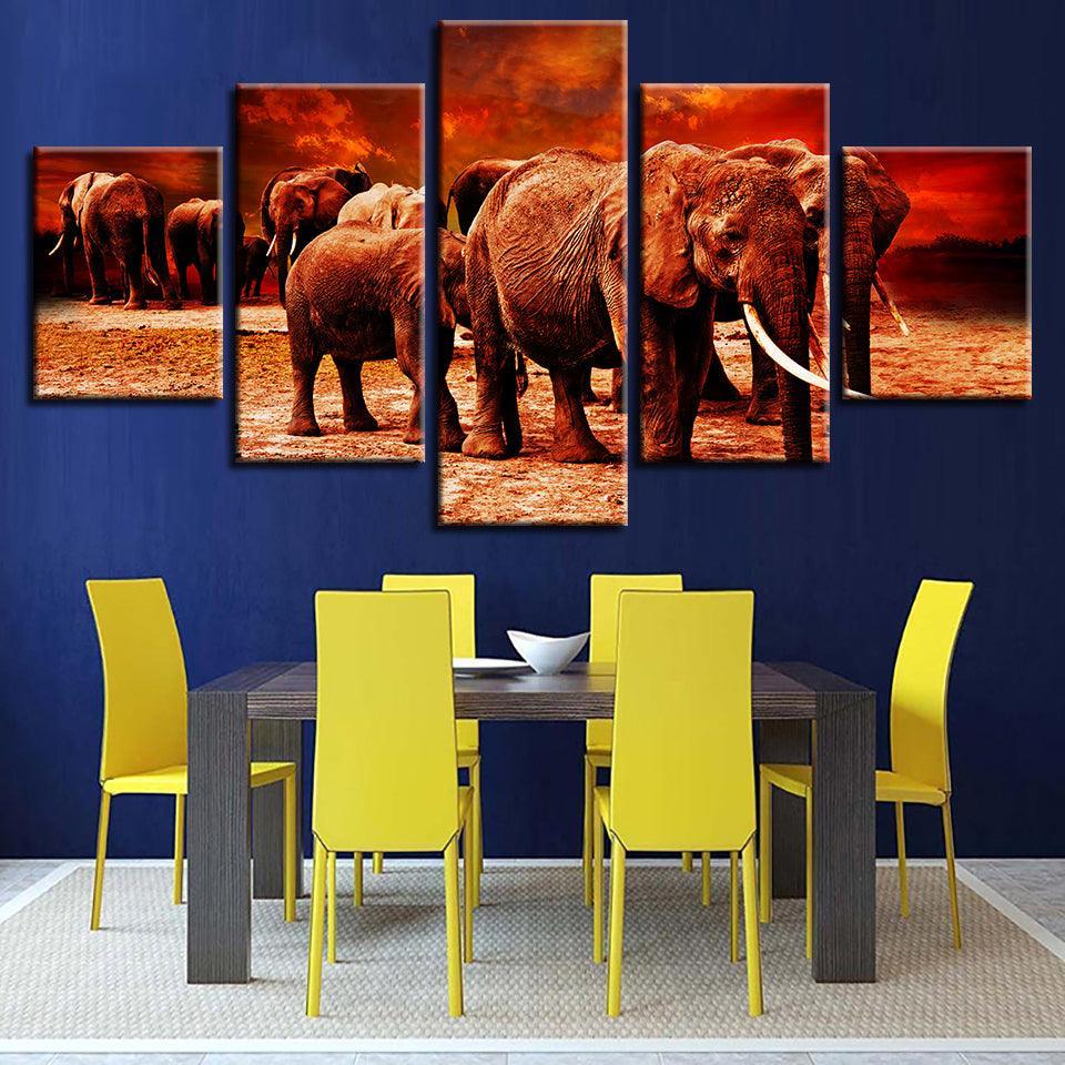 Elephant Group 5 Piece HD Multi Panel Canvas Wall Art Frame-Original Frame
