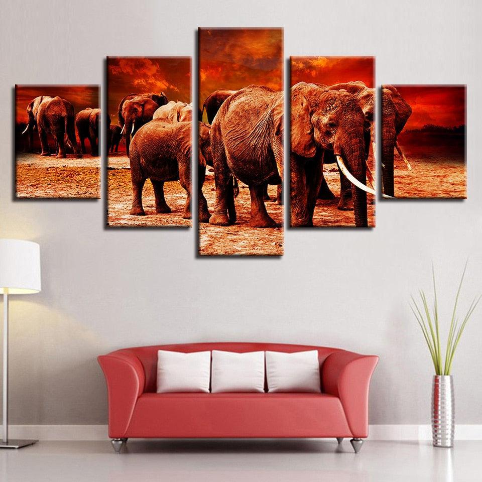 Elephant Group 5 Piece HD Multi Panel Canvas Wall Art Frame-Original Frame