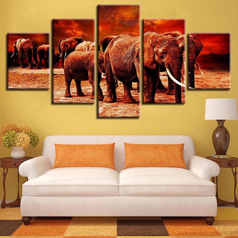 Elephant Group 5 Piece HD Multi Panel Canvas Wall Art Frame-Original Frame