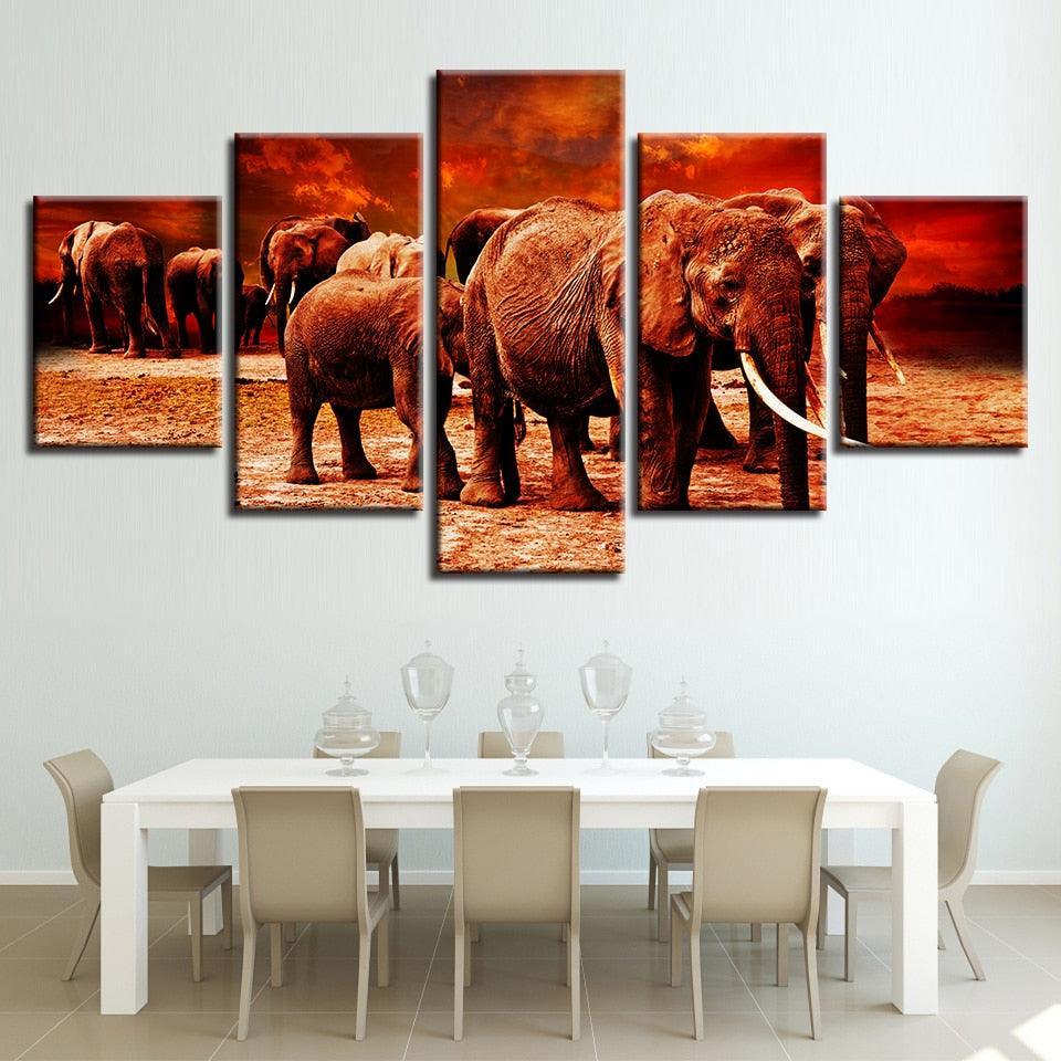 Elephant Group 5 Piece HD Multi Panel Canvas Wall Art Frame-Original Frame