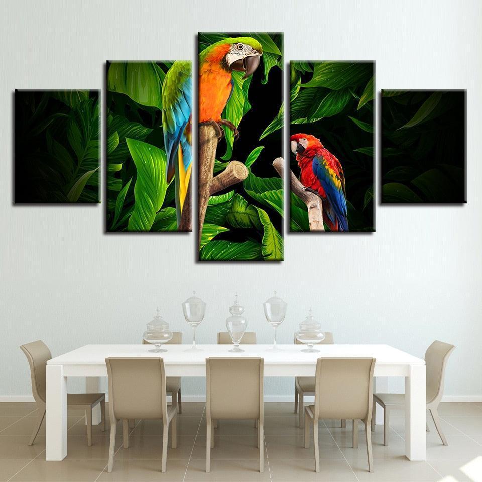 Tropical Parrots on Tree 5 Piece HD Multi Panel Canvas Wall Art Frame-Original Frame