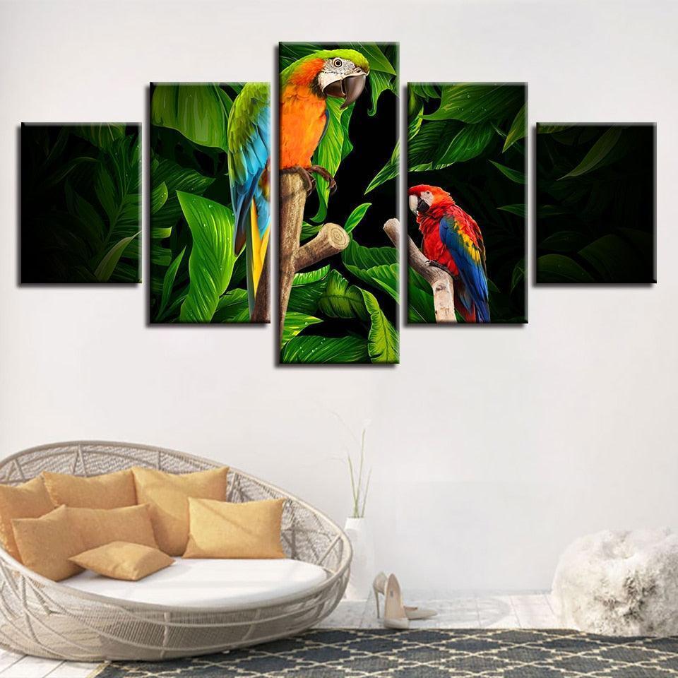 Tropical Parrots on Tree 5 Piece HD Multi Panel Canvas Wall Art Frame-Original Frame