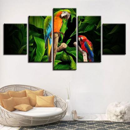 Tropical Parrots on Tree 5 Piece HD Multi Panel Canvas Wall Art Frame-Original Frame