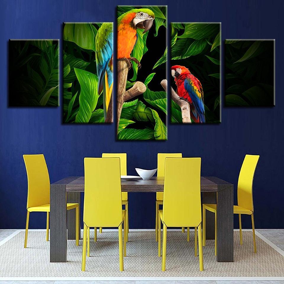 Tropical Parrots on Tree 5 Piece HD Multi Panel Canvas Wall Art Frame-Original Frame