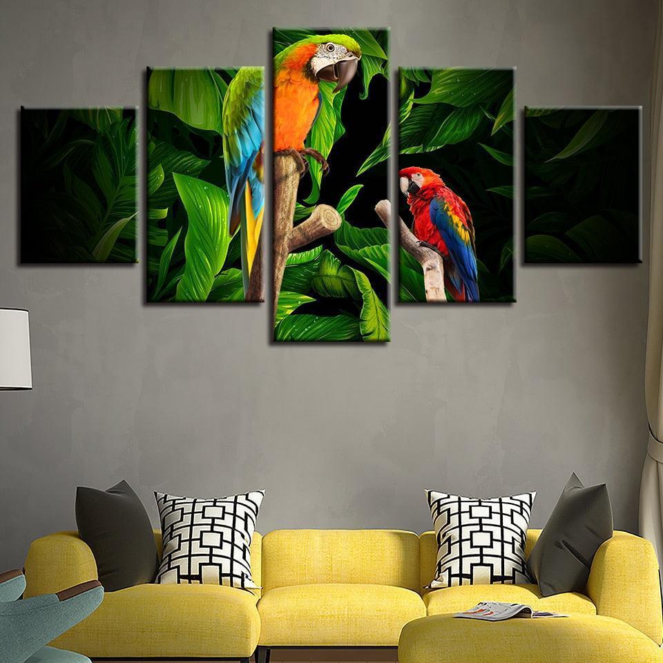 Tropical Parrots on Tree 5 Piece HD Multi Panel Canvas Wall Art Frame-Original Frame