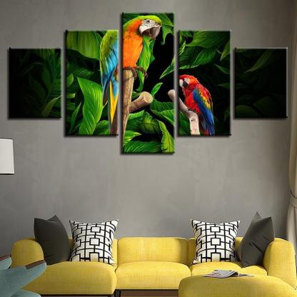 Tropical Parrots on Tree 5 Piece HD Multi Panel Canvas Wall Art Frame-Original Frame
