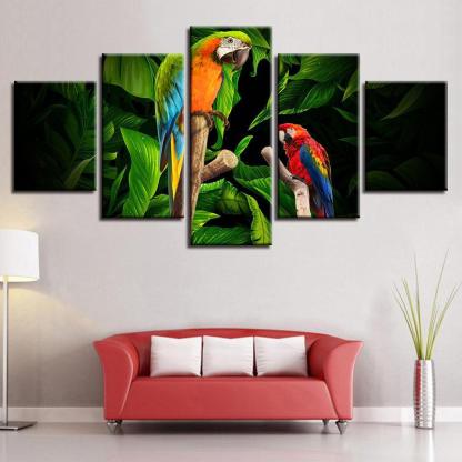 Tropical Parrots on Tree 5 Piece HD Multi Panel Canvas Wall Art Frame-Original Frame